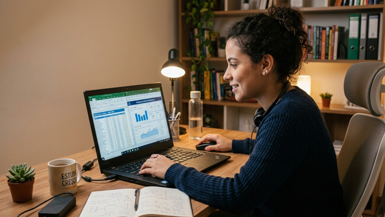 Pessoa estudando Excel e Power BI no computador