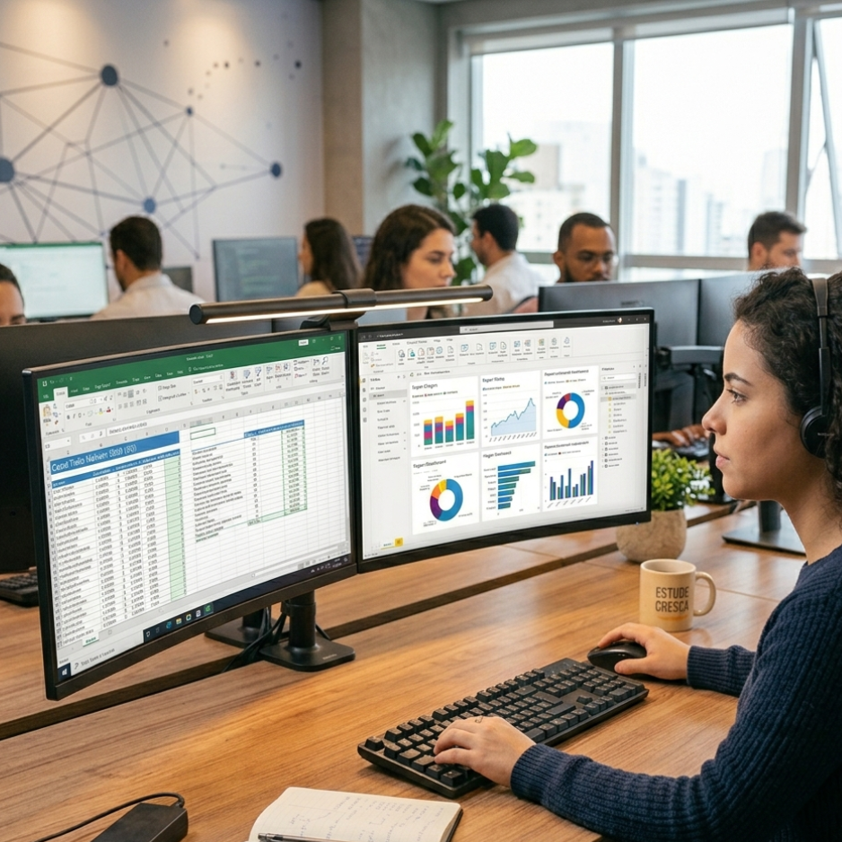 Profissional utilizando Excel e Power BI no trabalho
